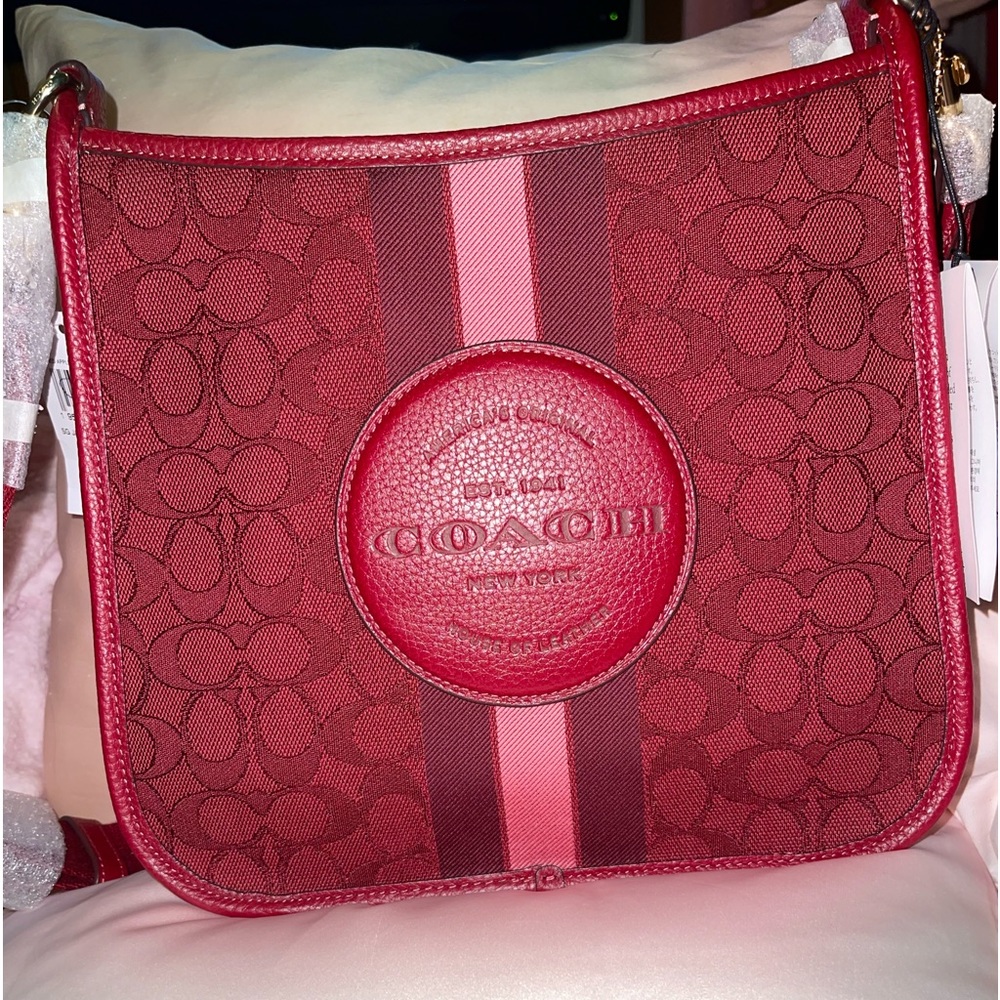 NWT Coach Dempsey File Bag Signature Jacquard Stripe Patch Red Apple Multi CA195